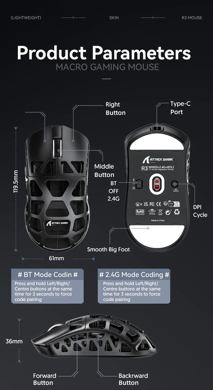 ATTACK SHARK R3 gamingmus i magnesiumlegering med bikakestruktur, ultralätt 8K Hz, PAW3395-sensor, 26000 DPI, ergonomiskt skal