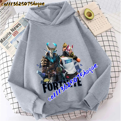 FORTNITED Sweat-shirt pullover com capuz de manga comprida para criança, menina e menino, streetwear, moda anime, roupa infantil, top para bebé, presente