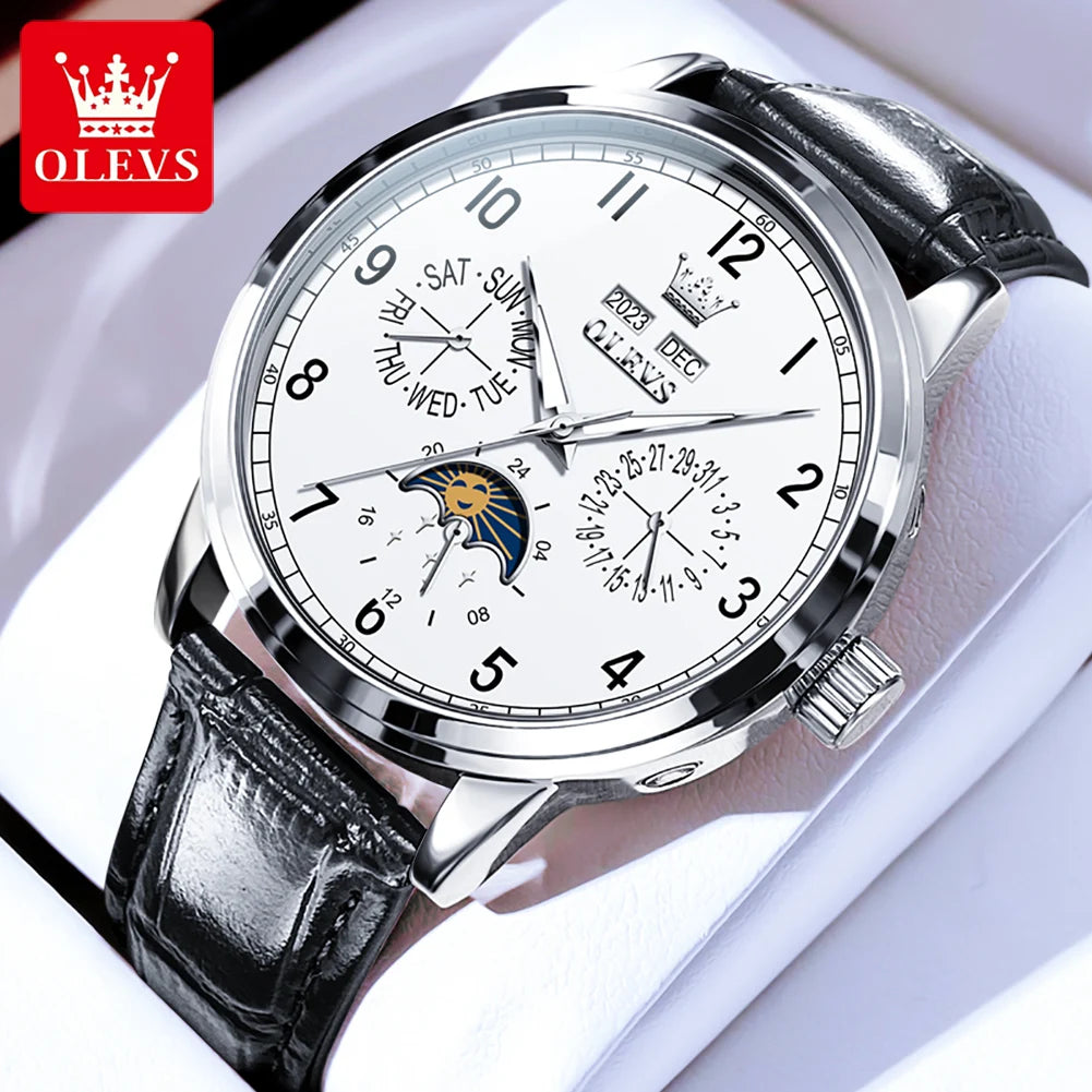 OLEVS 6698 Mens Watch Luxury Dress Brand Moon Phase Automatic Mechanical Watch For Men Leather  Waterproof Dual Calendar Watch