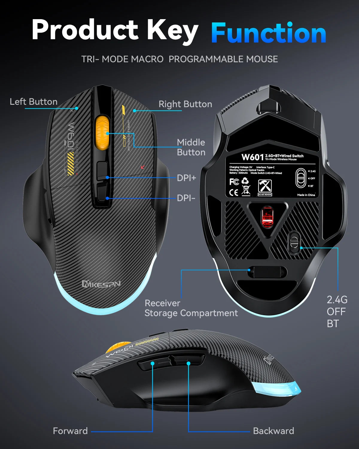 Ratón gaming inalámbrico Bluetooth, ratón RGB con cable/inalámbrico de 12800 DPI con 7 botones programables, para PC portátil y gaming