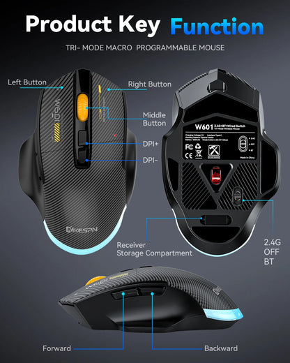 Ratón gaming inalámbrico Bluetooth, ratón RGB con cable/inalámbrico de 12800 DPI con 7 botones programables, para PC portátil y gaming