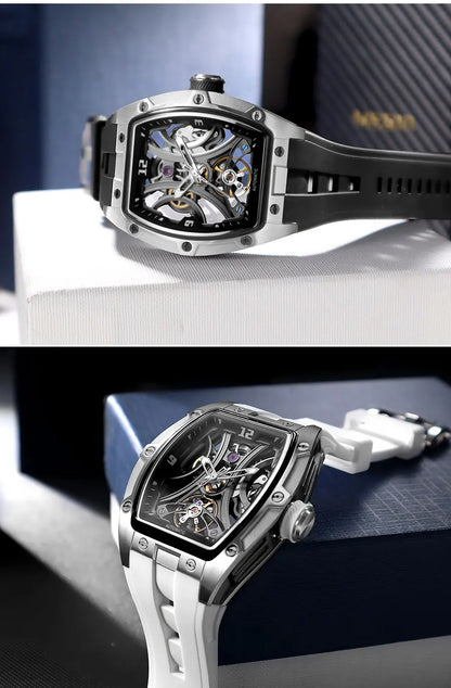 MEGIR Sports Style Automatic Mechanical Watch for Men Full Hollow Transparent Dial Design Stainless Steel Case Silicone Strap