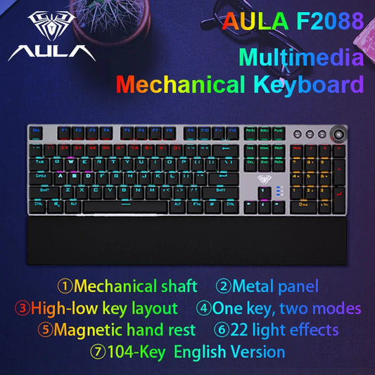 Teclado mecánico AULA F2088 con cable para gaming, perilla multifunción, 104 teclas, retroiluminación Magic y programación de macros Compu