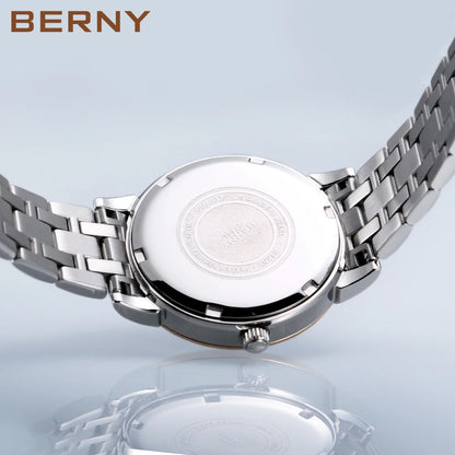 BERNY Women Watch Ladies Quartz Roman Numerals Day Top Calendar Watches Sapphire Glass Solid Steel Strap Women Wristwatch