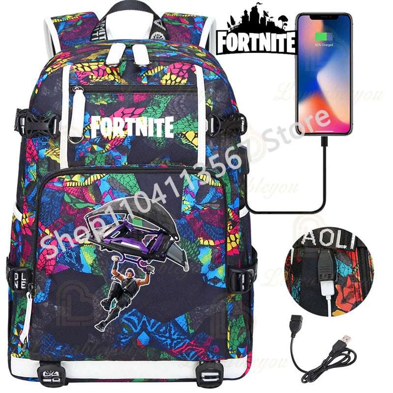 Red Jade F-Fortnited Battle Royale Backpack with USB Charging Anime Figures Study Stationery Compartment for Students Mochila