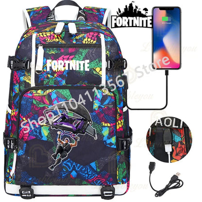 Red Jade F-Fortnited Battle Royale Backpack with USB Charging Anime Figures Study Stationery Compartment for Students Mochila
