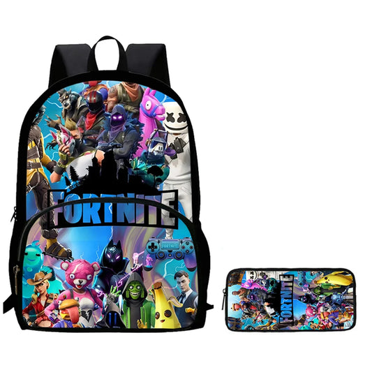 2Pcs Kids School Bag Set FORTNITE Cartoon, Lightweight & Durable Backpack and Pencil Bag with Front Pocket, Boys & Girls 5-10