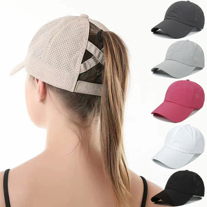 Casquette de baseball d'été, tenue de golf, casquette de sport et de loisirs à bande croisée pour queue de cheval, casquette à visière en forme de bec de canard en maille à séchage rapide