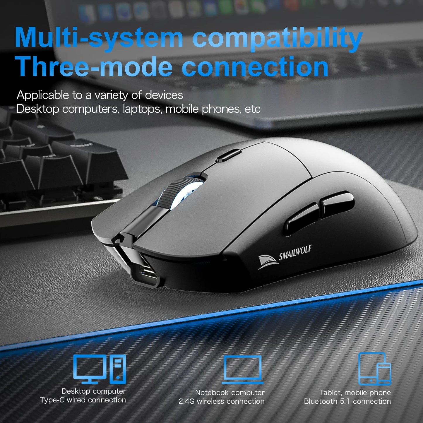 Ratón gaming inalámbrico Bluetooth SMAILWOLF RS7 de tres modos PAW3311 con macros, para portátil, gaming y oficina