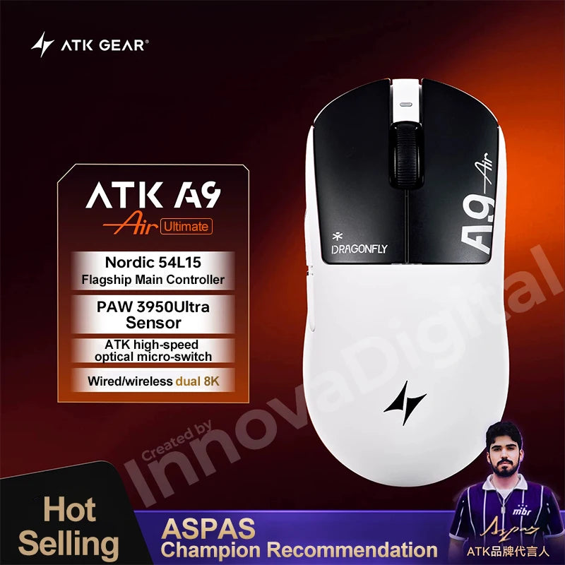 Безжична геймърска мишка ATK Dragonfly A9 Ultimate A9 Air PAW3950, ултралека ергономична e-sports мишка за FPS геймъри, CSGO A9 Ultra