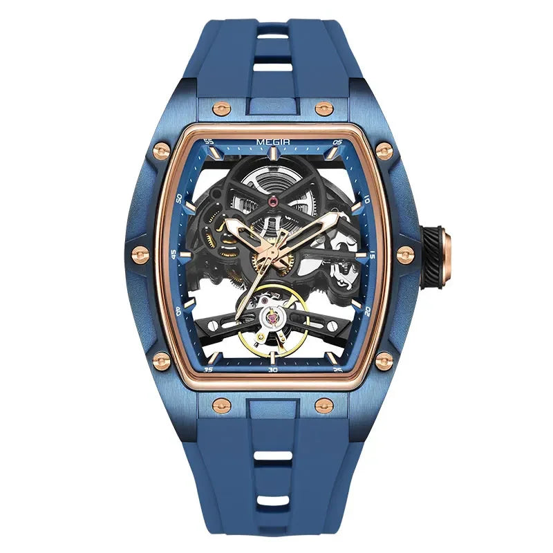 MEGIR Automatic Wristwatch Men Fashion Black Silicone Strap Wateproof Luminous Sport Mechanical Watch with Tonneau Dial 2242