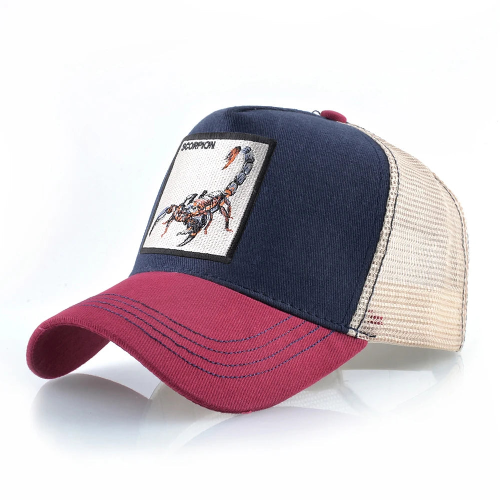 Unisex-trucker-lippalakki, jossa on brodeerattu skorpionimerkki. Miesten baseball-lippalakki, naisten snapback-lippalakki, hiphop-lippalakki, ulkoiluun sopiva hengittävä lippalakki