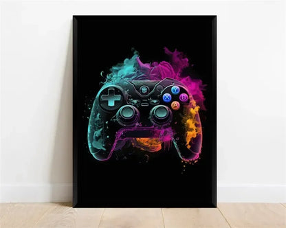 Póster Néon de Personagem de Videojogo com Gamepad, Auscultadores, Futebol e Basquetebol em Tela — Arte de Parede para Decoração de Quarto Gaming