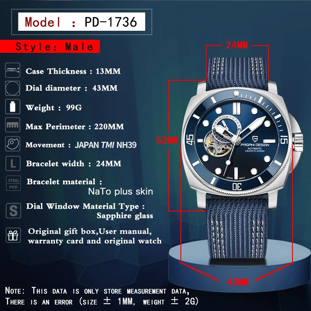 PAGANI DESIGN 2026 Original 43MM Men's Automatic Mechanical Watch NH39 200M Waterproof AR Sapphire Mirror Watches For Men ﻿