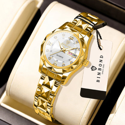 BINBOND ladies’ watch: a robust, luxurious, luminescent and water-resistant quartz watch, featuring an accurate date and day-of-the-week display.