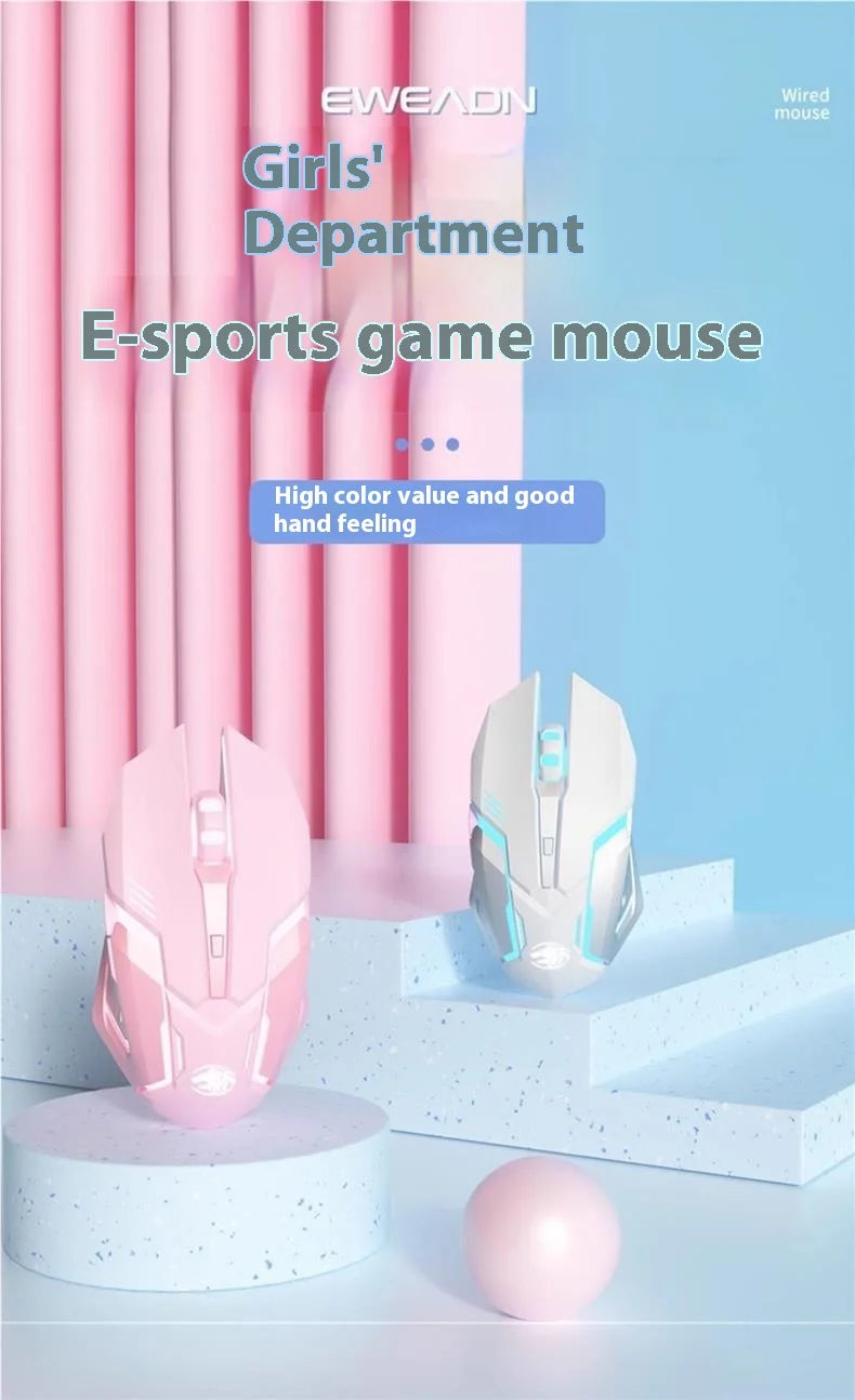 Ratón gaming Frontline rosa con cable, silencioso, mecánico, esports, inalámbrico Bluetooth para oficina, ordenador, diseño atractivo y estilo cute para chica