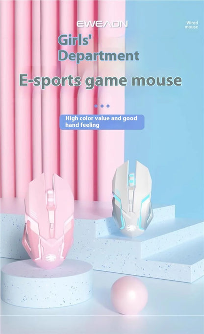 Ratón gaming Frontline rosa con cable, silencioso, mecánico, esports, inalámbrico Bluetooth para oficina, ordenador, diseño atractivo y estilo cute para chica
