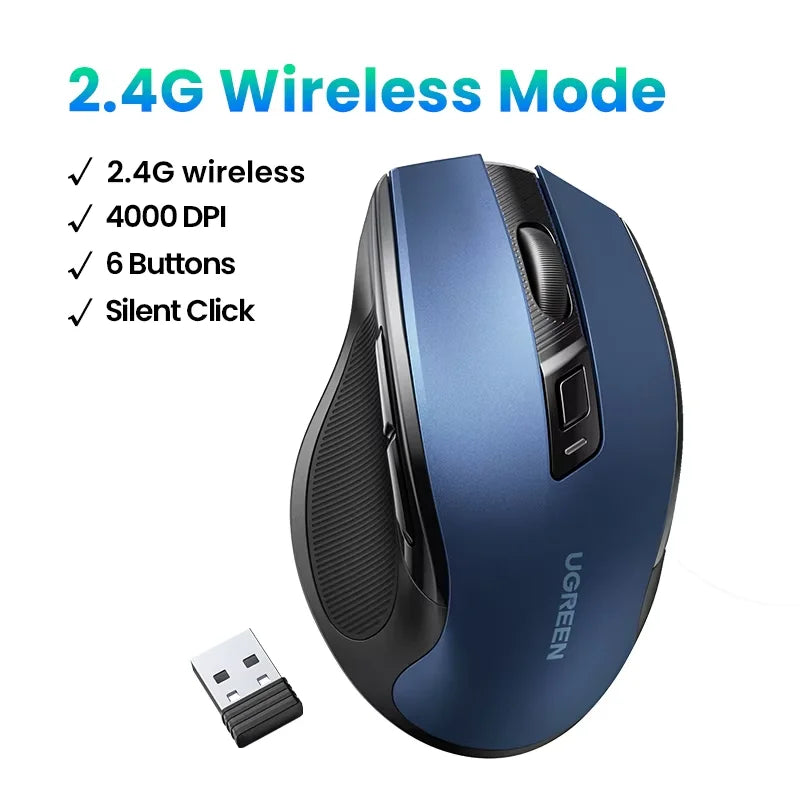 Ratón inalámbrico UGREEN Bluetooth 5.0 ergonómico, 4000DPI, 6 botones silenciosos, para MacBook, tabletas, portátiles, ordenador PC, 2.4G