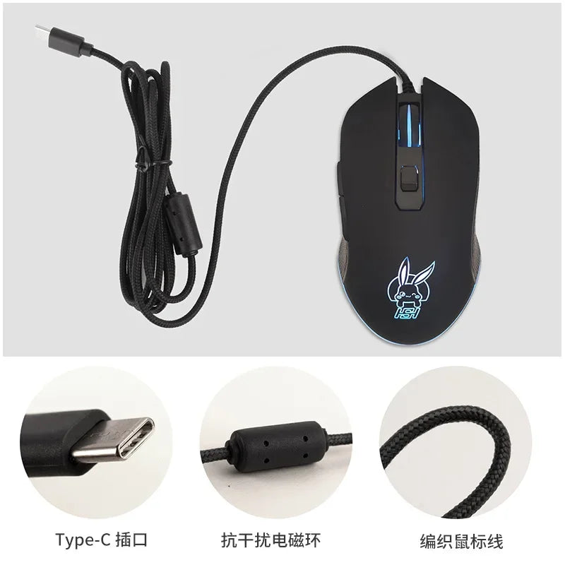 Цветна светеща мишка с USB-C и бутон за заглушаване за лаптоп с Type-C, геймърска мишка