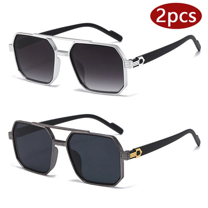 2pcs Trendy Metal Polygonal Pilot Women Sunglasses Luxury Double Beam Men Sunglass Outdoor Driving Shade Sunglasses Unisex UV400