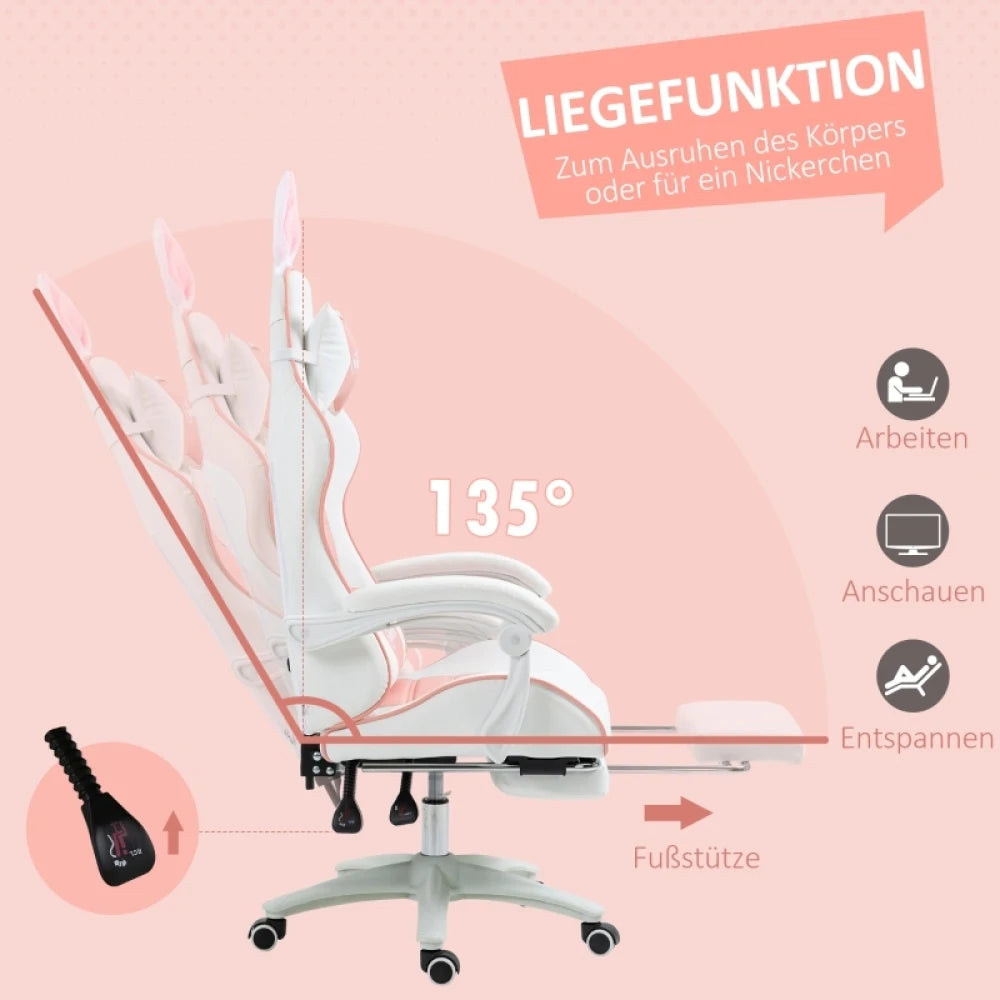 Ergonomic Gaming Chair, Reclinable Gamer Chair 135 ° , Footrest, Lumbar Cushion and Headrest, Adjustable Height, Pink