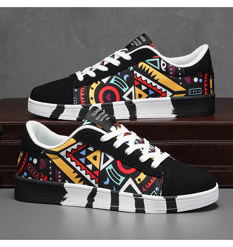 YRZL Scarpe sportive da running da uomo in tela con stile geometrico, sneakers stringate, scarpe da skate da uomo alla moda per coppie con stampa graffiti