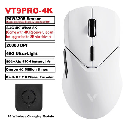 Ratón gaming inalámbrico Rapoo VT9PRO PAW3398 68g, con cable, programable, ergonómico, 26000DPI, recargable Type C, accesorio para PC gamer