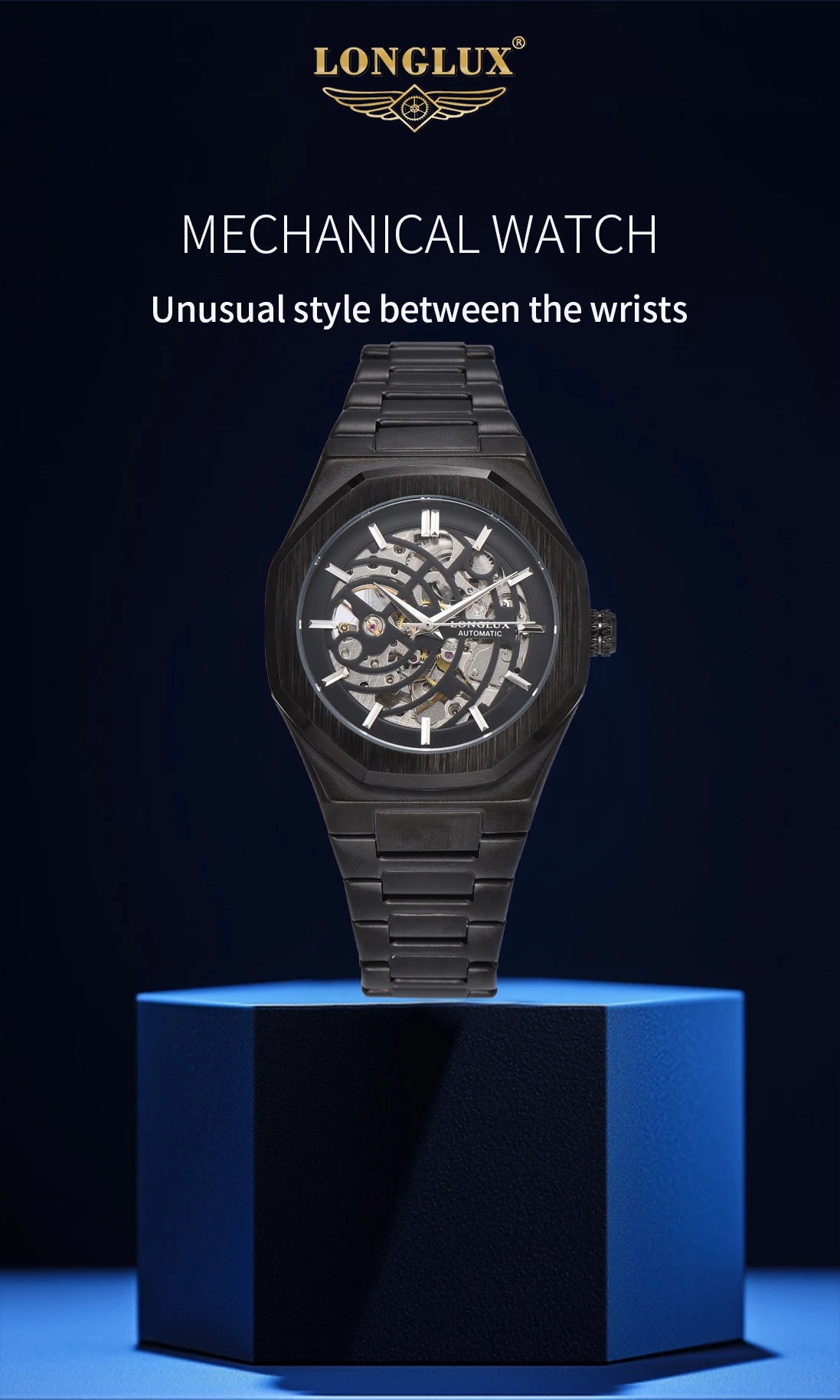 LONGLUX automatic watch business mechanical watches simple skeleton waterproof stainless steel cost effective mens watch gift