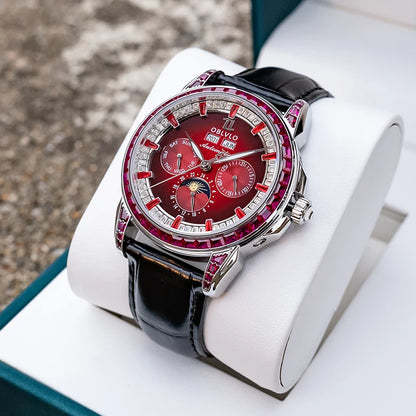 OBLVLO Men's Automatic Watch 40mm Mechanical Wristwatch 5ATM Luminous Crystal Bezel Year, Month, Week, Date, 24 Hours TY1655 Movement