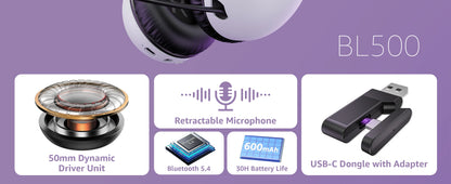 Acinaci BL500 Wireless Gaming Headset 2.4G Bluetooth 5.3 & Wired – Noise-Cancelling Mic, 30H Battery, 50mm Drivers for PC, PS5, PS4