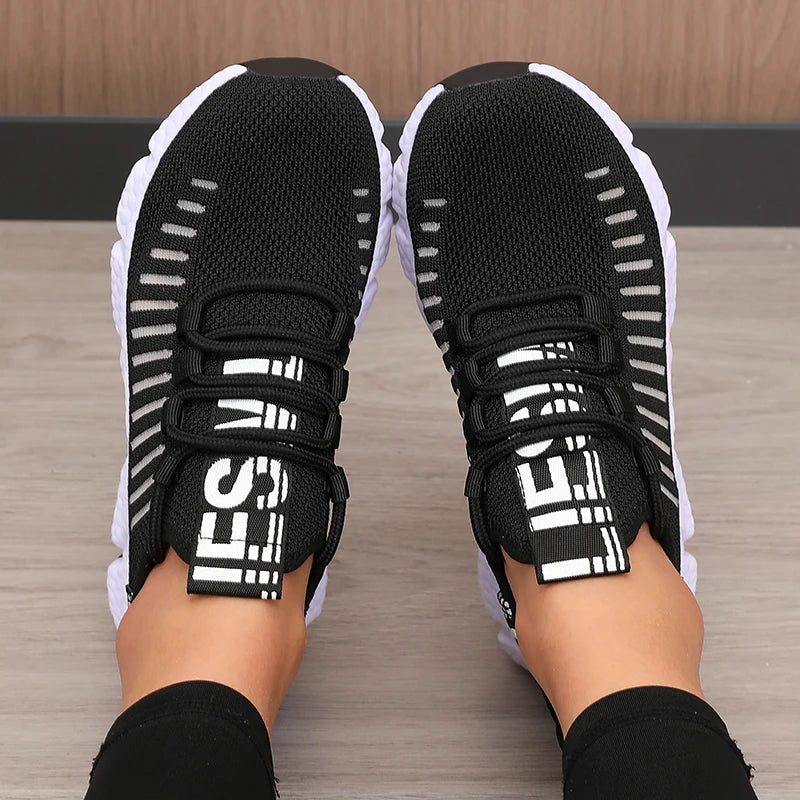 Calçado desportivo para mulher em malha, leve, com sola macia, tira para jogging, respirável, moderno, para caminhada, ténis casual raso para homem