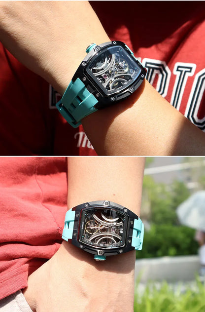 MEGIR Sports Style Automatic Mechanical Watch for Men Full Hollow Transparent Dial Design Stainless Steel Case Silicone Strap