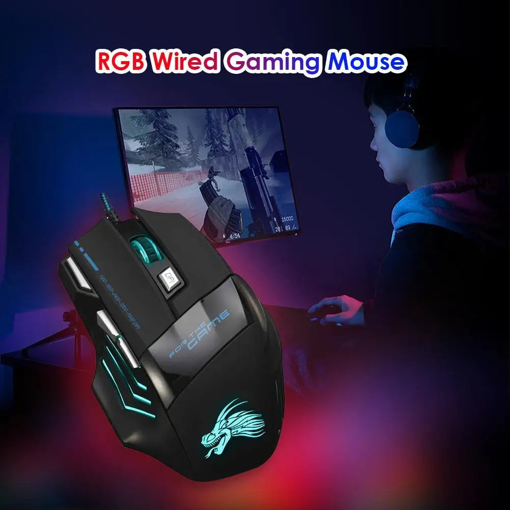 Mouse da gaming cablato con retroilluminazione a 7 colori, 5500 DPI regolabili, mouse ottico cablato nero per PC gaming e computer desktop