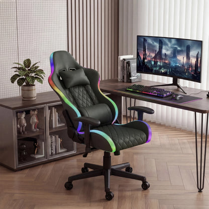Ergonomic Office Chair with Lumbar Massage, LED RGB Ambient Lighting, and Reclining Backrest, for Home Offices