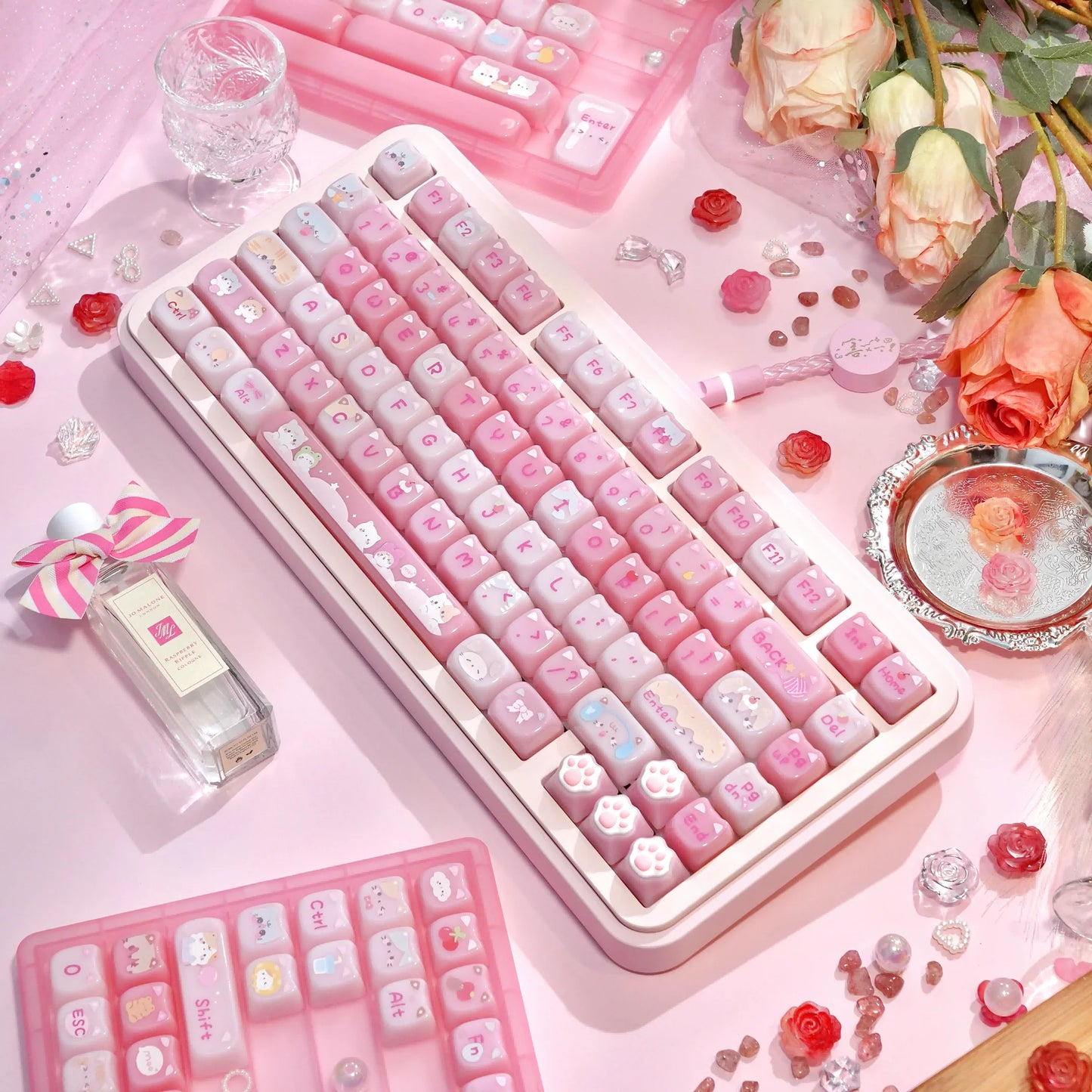 Pink Meow Keycaps Cute Cat Head MAO Cherry Profile PBT Key Cap For Gift Mechanical Keyboard KeyCap Keyboards Accessories