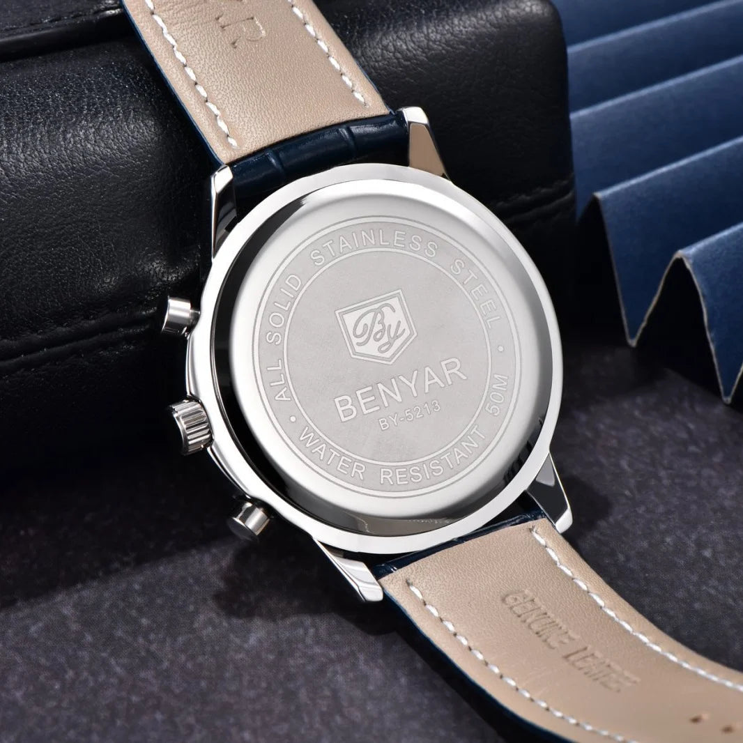 Montre de luxe pour homme Benyar – Chronographe avec date, bracelet en cuir, étanche, luminescente, style sportif et militaire, montre à quartz