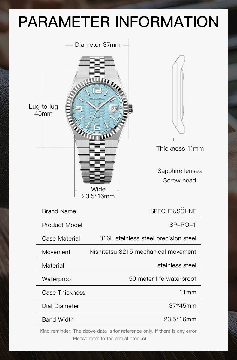 Specht & Söhne New Men's Watches Miyota 8215 Automatic Mechanical Wristwatches Stainless Steel Watch Men's Watch 37MM