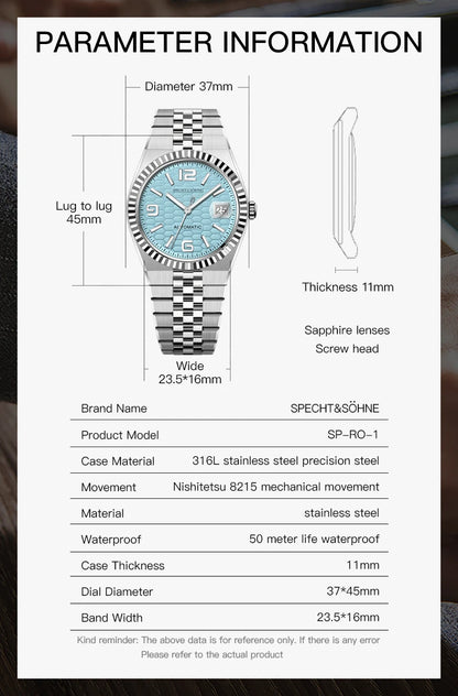 Specht & Söhne New Men's Watches Miyota 8215 Automatic Mechanical Wristwatches Stainless Steel Watch Men's Watch 37MM