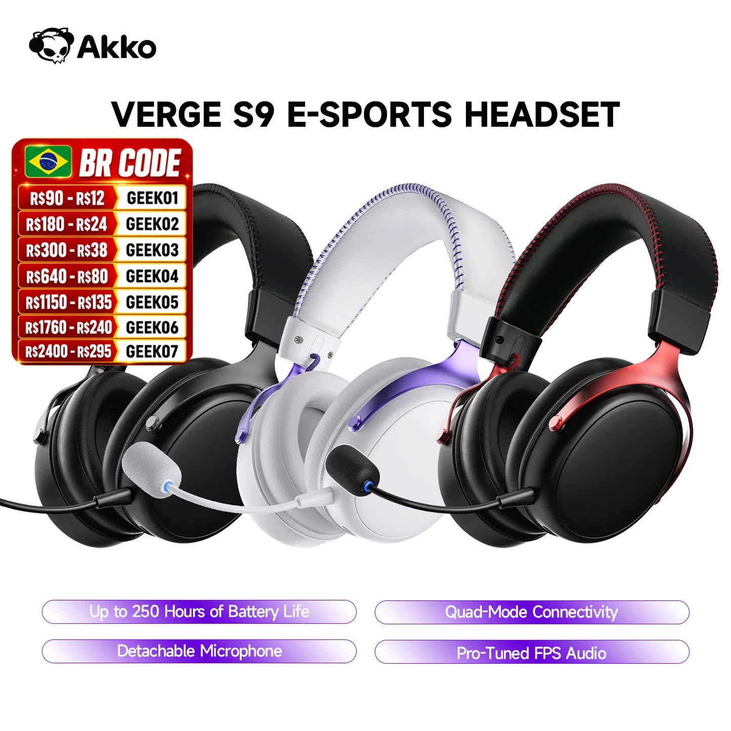 AKKO Verge S9 Gaming-Headset mit Mikrofon – 53mm-Treiber, Quad-Mode Wireless Bluetooth 5.3, 7.1 Surround Sound FPS Pro Gaming-Kopfhörer