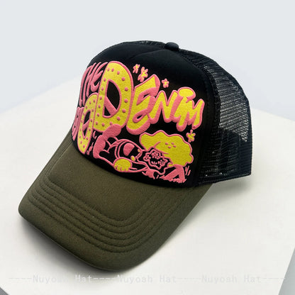 Casquettes de baseball unisexes originales imprimées en 3D avec lettres, casquettes de camionneur respirantes à motifs colorés et à visière pare-soleil, en maille polyvalente