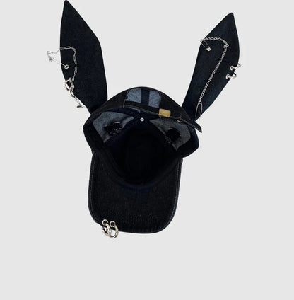 Niche Y2k Rabbit Ears Дънкова бейзболна шапка с разкъсвания за мъже и жени, тъмна, с метален пръстен, уличен стил, регулируема спортна шапка