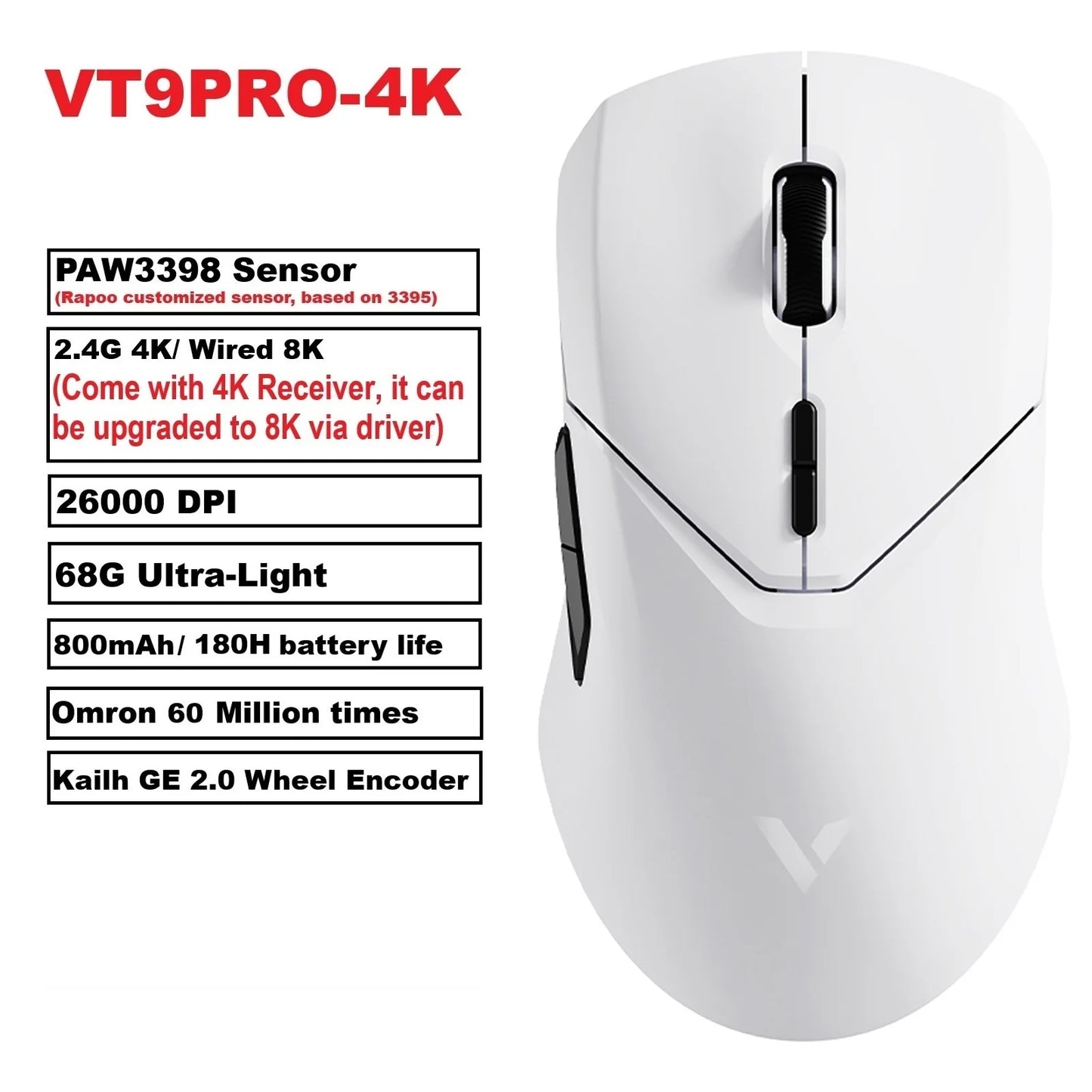 Ratón gaming inalámbrico Rapoo VT9PRO PAW3398 68g, con cable, programable, ergonómico, 26000DPI, recargable Type C, accesorio para PC gamer