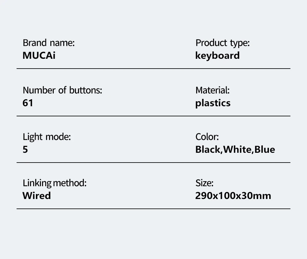 MUCAI MK61 USB Gaming Esports Mechanical Keyboard 61 Key Red Axis Wired Detachable Cable RGB Backlight Hot Swap