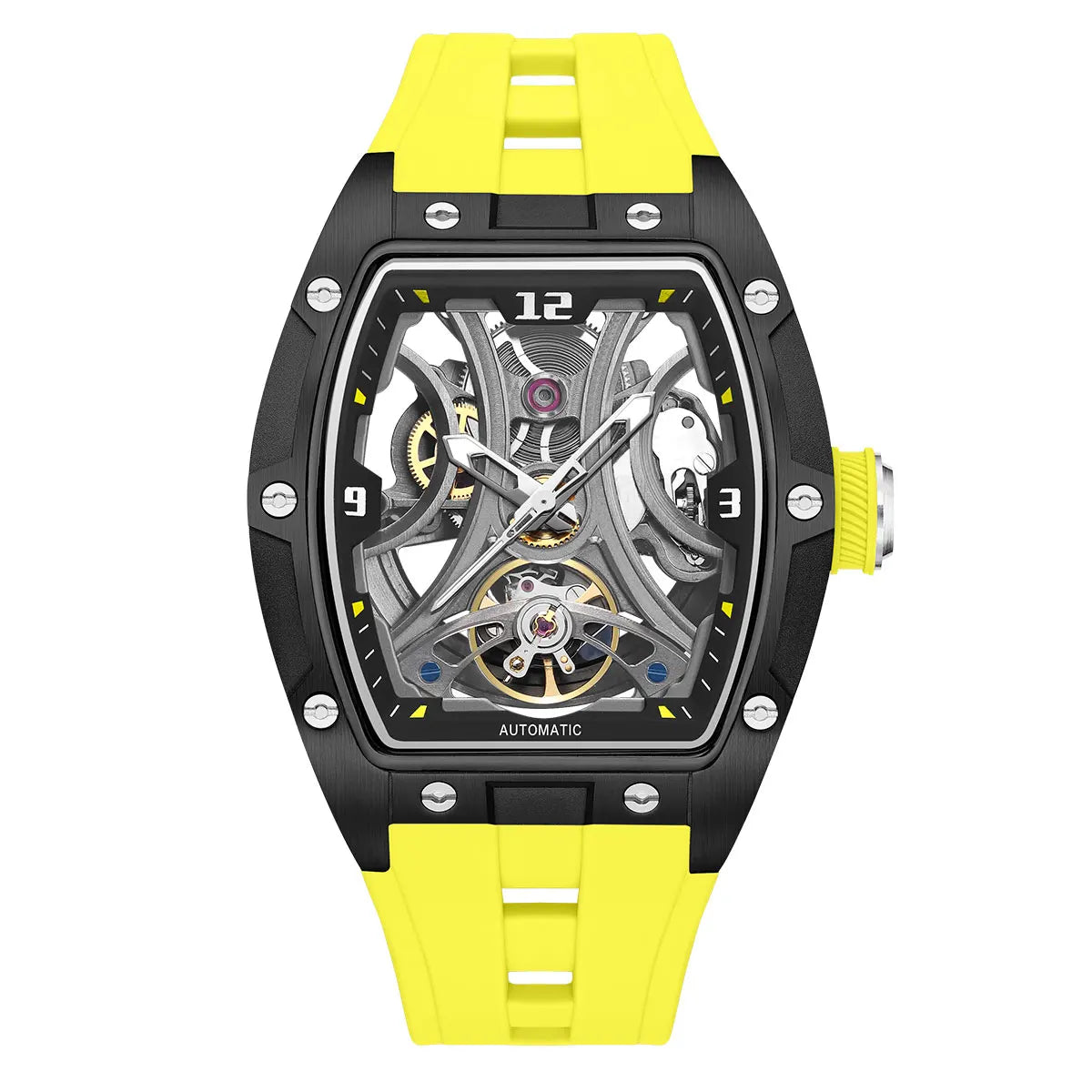 MEGIR Sports Style Automatic Mechanical Watch for Men Full Hollow Transparent Dial Design Stainless Steel Case Silicone Strap