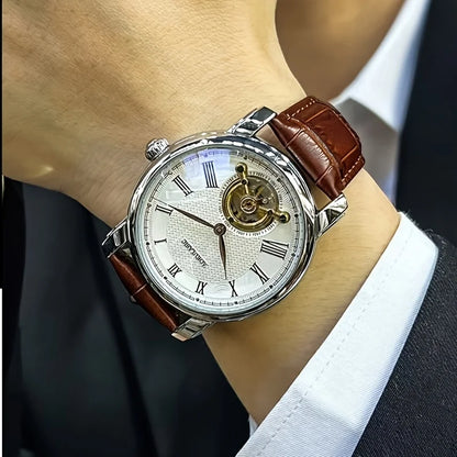 Montre mécanique automatique pour homme – Design squelette élégant, style « business casual » tendance, boîtier en alliage et bracelet en cuir, sans pile