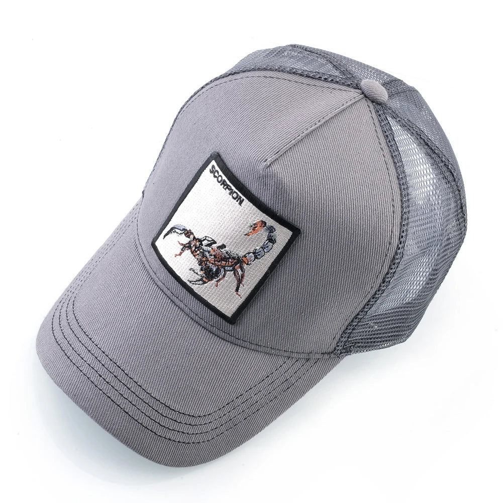 Unisex-trucker-lippalakki, jossa on brodeerattu skorpionimerkki. Miesten baseball-lippalakki, naisten snapback-lippalakki, hiphop-lippalakki, ulkoiluun sopiva hengittävä lippalakki