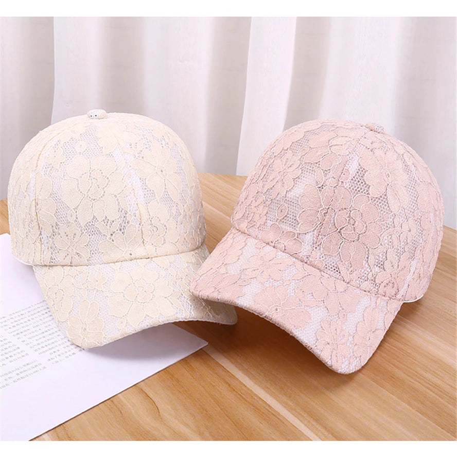 Czapki baseballowe dla kobiet na wiosnę i lato w stylu księżniczki, z koronką, haftem i siateczką w kwiaty, przewiewne czapki damskie typu snapback dla młodych dziewcząt BQ091