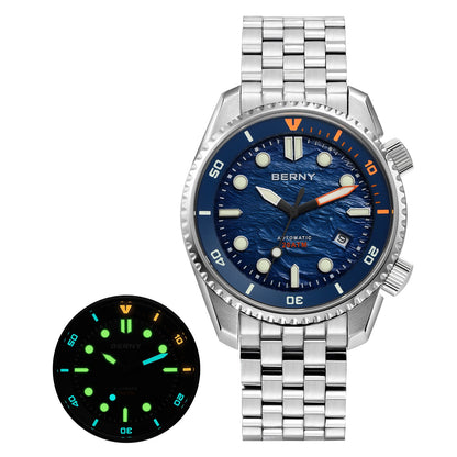 BERNY Diver Automatic Watches Men's Luxury Sapphire 316L Stainless Steel Mechanical Watch 42MM 200M Waterproof Diving Men's Watch