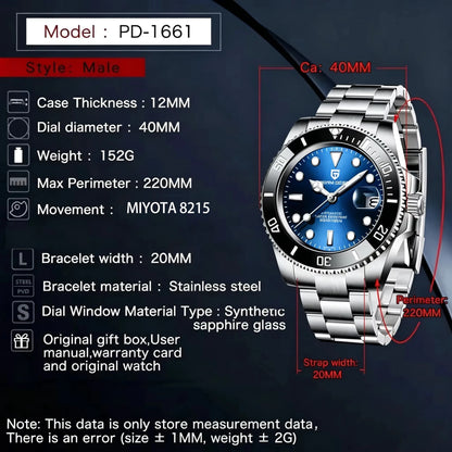PAGANI DESIGN Men's Automatic Mechanical Watch PD1661 8215 Dive Stainless Steel Waterproof Clock Sapphire Reloj Hombre