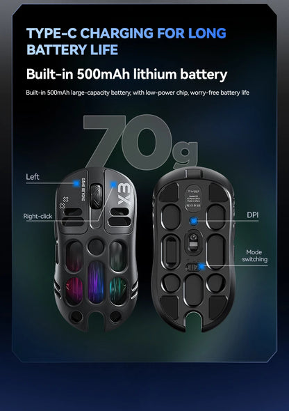 2026 Hollow-out Design Lightweight Computer Game Accessories 3-Mode Bluetooth Wireless Mouse Laptop Rechargeable RGB Backlight